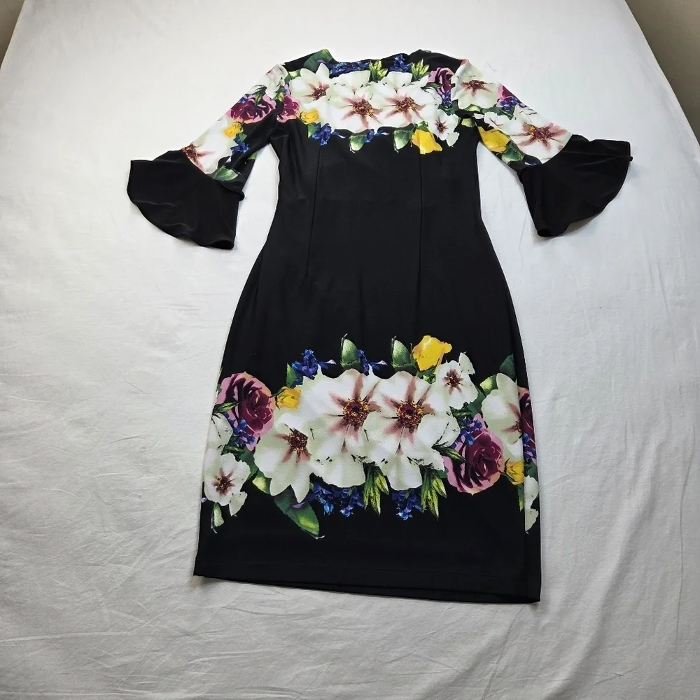 Joseph Ribkoff Floral Black Sheath Dress Women’s Size 10 Bell Sleeve V-Neck Midi